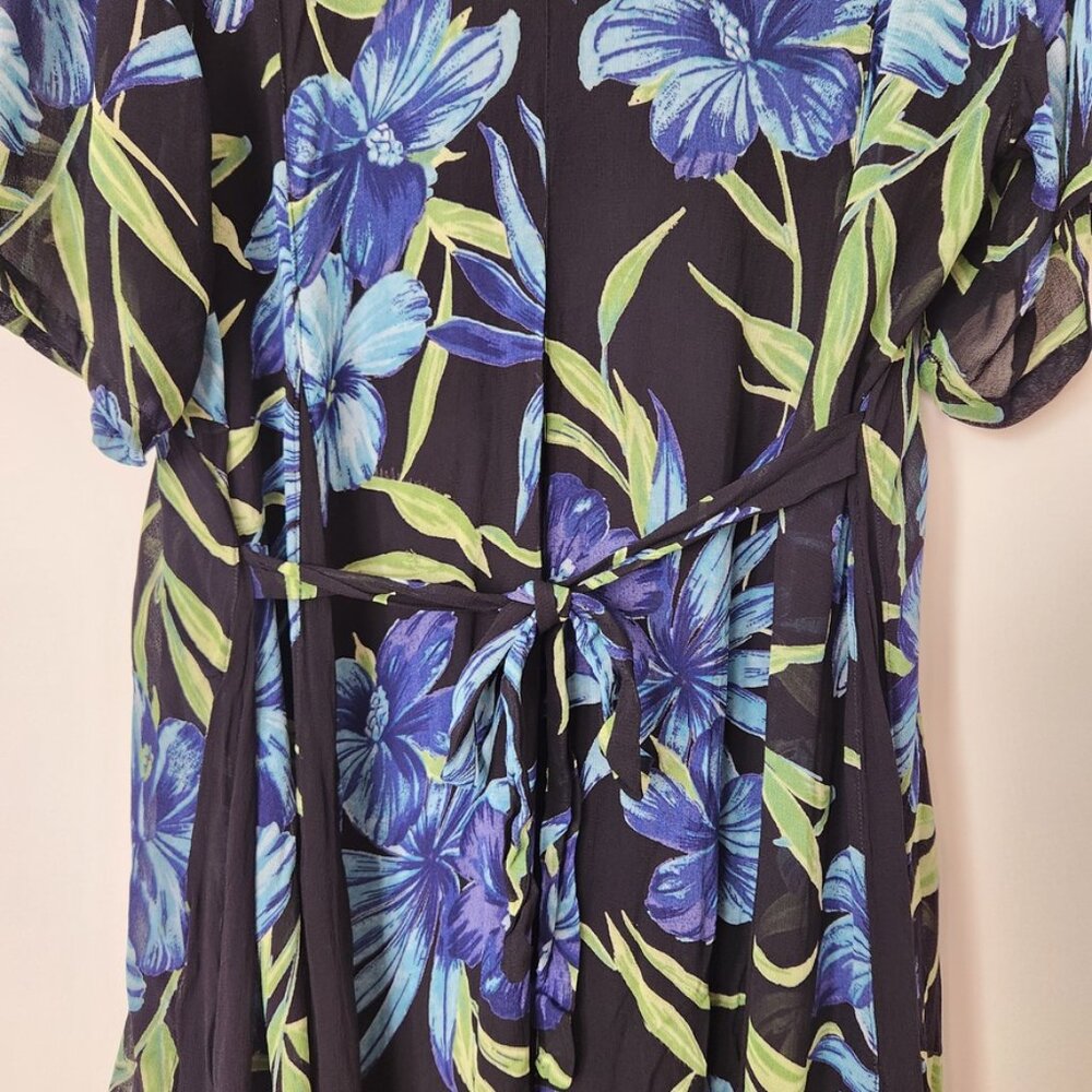 Vintage 90s Black Floral Midi Dress Crinkle Fairy Grunge Blue Lola P Medium - Picture 5 of 16